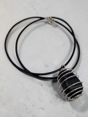 Handmade Black Onyx Stone Pendant in Silver Spiral Cage Necklace